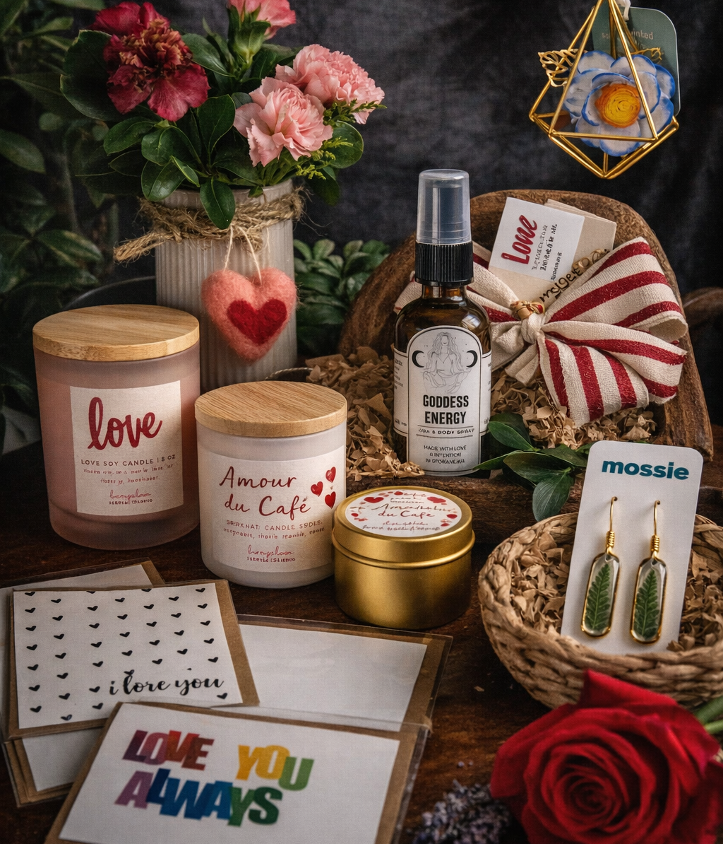Gifting set with candles, flowers, and decorative items on a dark background